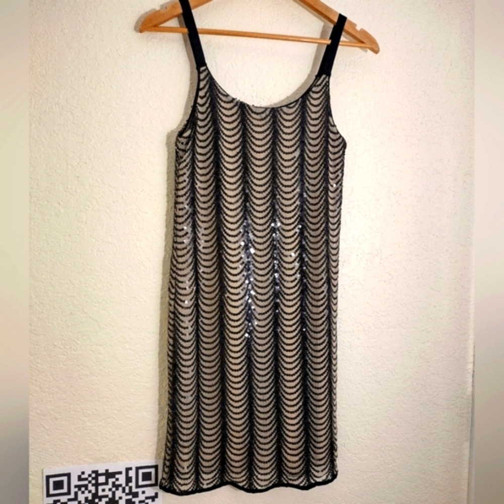 Aqua Sleeveless Nude And Black Sequined Dress - Picture 3 of 8
